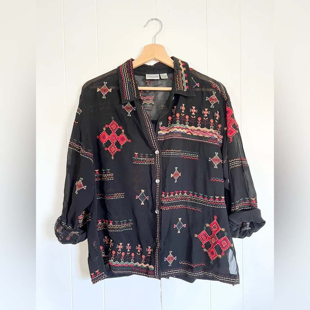 Vintage chicos Aztec inspired embroidered and beaded top folk button down fall